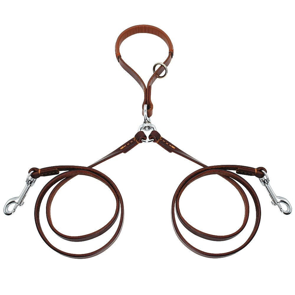 Correa Doble de Cuero Genuino Anti-Enredos para 2 Perros