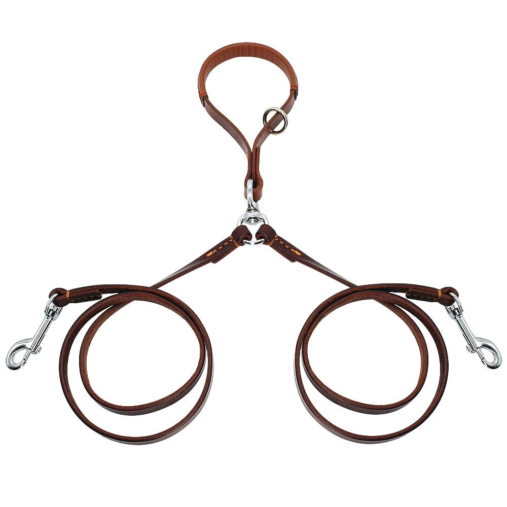 Correa Doble de Cuero Genuino Anti-Enredos para 2 Perros