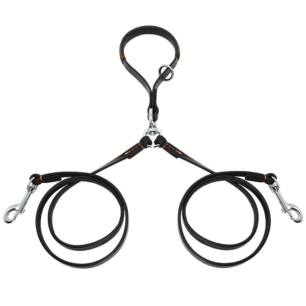 Correa Doble de Cuero Genuino Anti-Enredos para 2 Perros